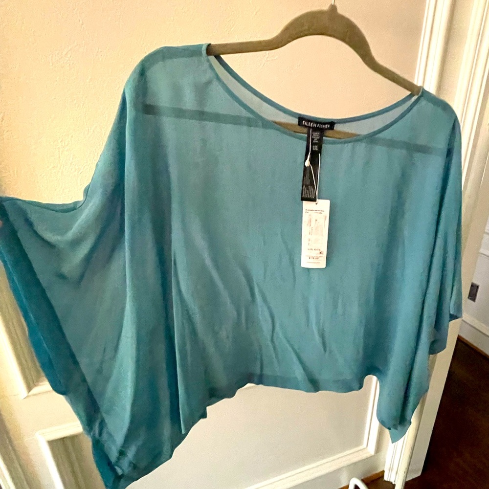 NWT-Eileen Fisher Silk Teal Sheer Overlay Blouse